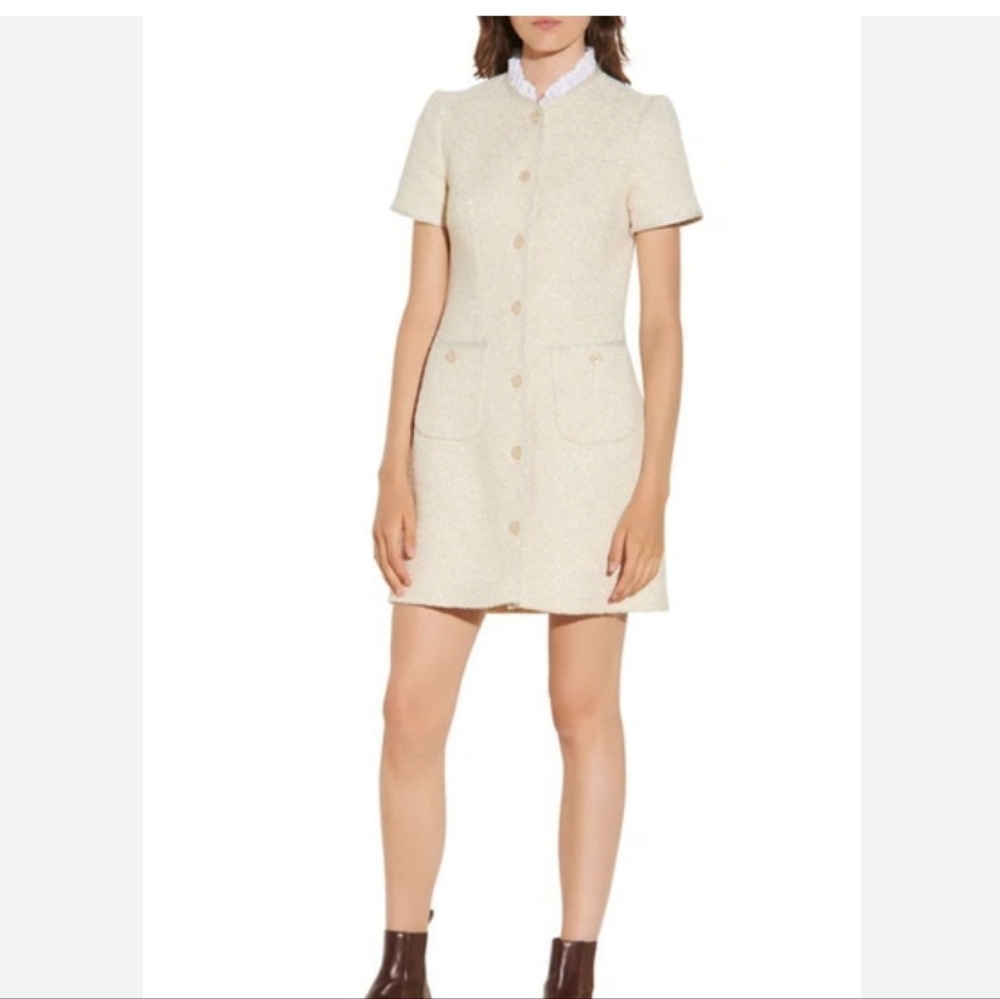 SANDRO Metallic Cotton Blend Tweed Short Sleeve Dress In Natural Ecru 36